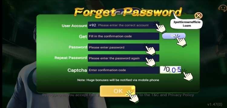 Forgot your password option on 3 Patti Crown login screen to reset account password securely