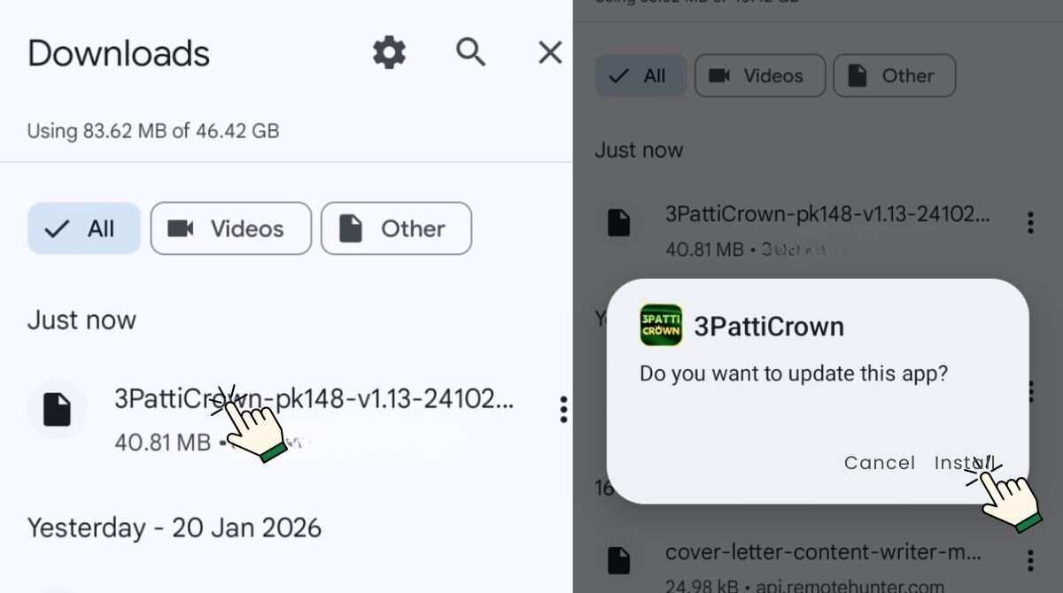 Open file manager downloads folder and install 3 Patti Crown APK by tapping install and confirm on Android