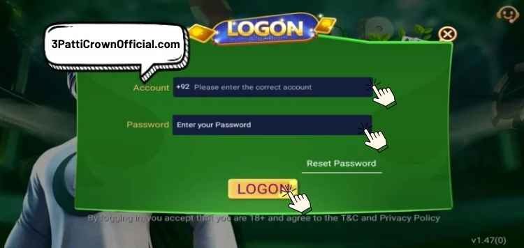 Login to 3 Patti Crown app by entering registered mobile number and password on Android