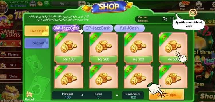 Choose deposit amount and select payment option such as JazzCash or EasyPaisa in 3 Patti Crown