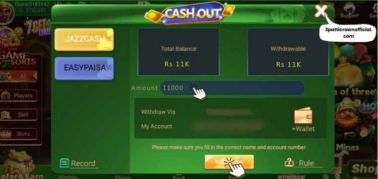Enter withdrawal amount in 3 Patti Crown and tap withdraw button for fast processing