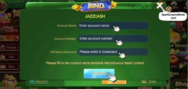 Enter JazzCash or EasyPaisa account number and account holder name, then tap save to bind payment account for withdrawals