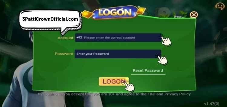 Login to 3 Patti Crown app by entering registered mobile number and password on Android